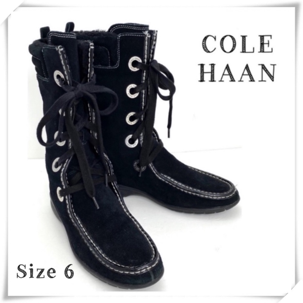 COLE Haan Winter Fur Lined Waterproof Suede Lace up Flat Boots in Black
